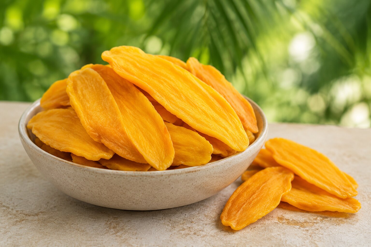 Golden dried mango slices in an unbranded bowl