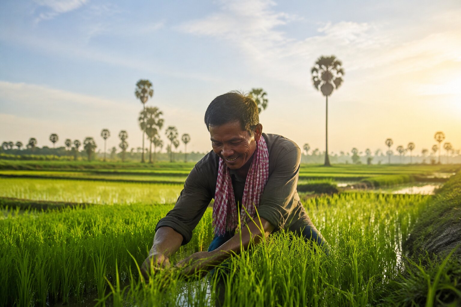 Happy Cambodian farmer working in a green rice field