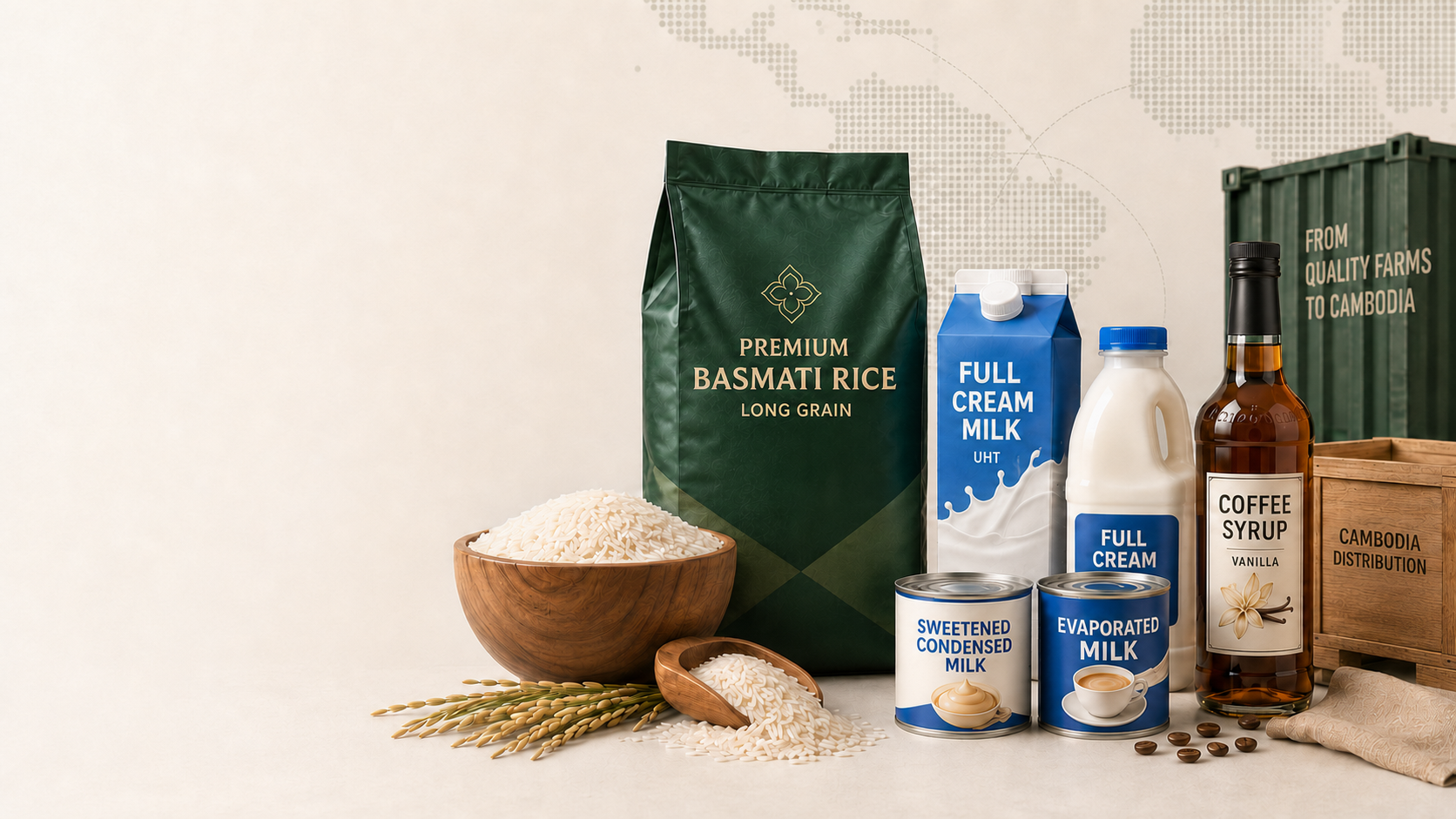 Imported Basmati rice, milk products, coffee syrup and distribution packaging